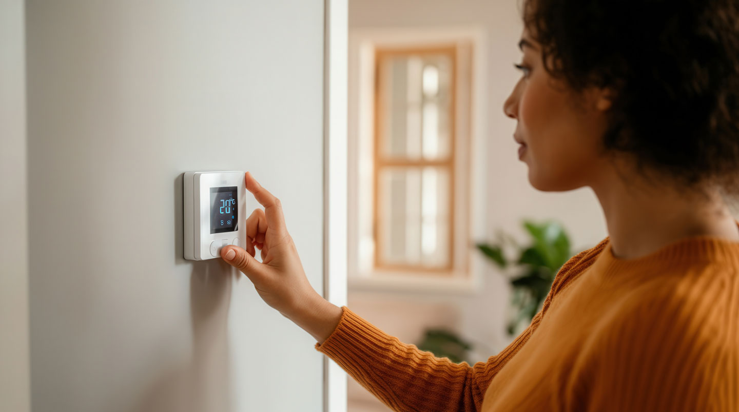 Une personne en veste d'hiver consulte l'affichage digital d'une pompe à chaleur intérieure indiquant la température de fonctionnement, dans un intérieur résidentiel contemporain