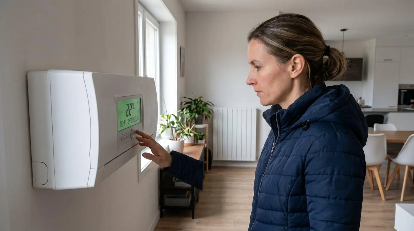 Une personne en veste d'hiver consulte l'affichage digital d'une pompe à chaleur intérieure indiquant la température de fonctionnement, dans un intérieur résidentiel contemporain