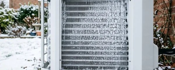 Gros plan sur l'évaporateur d'une unité extérieure de pompe à chaleur couverte de givre et de cristaux de glace, montrant l'impact du gel sur l'équipement