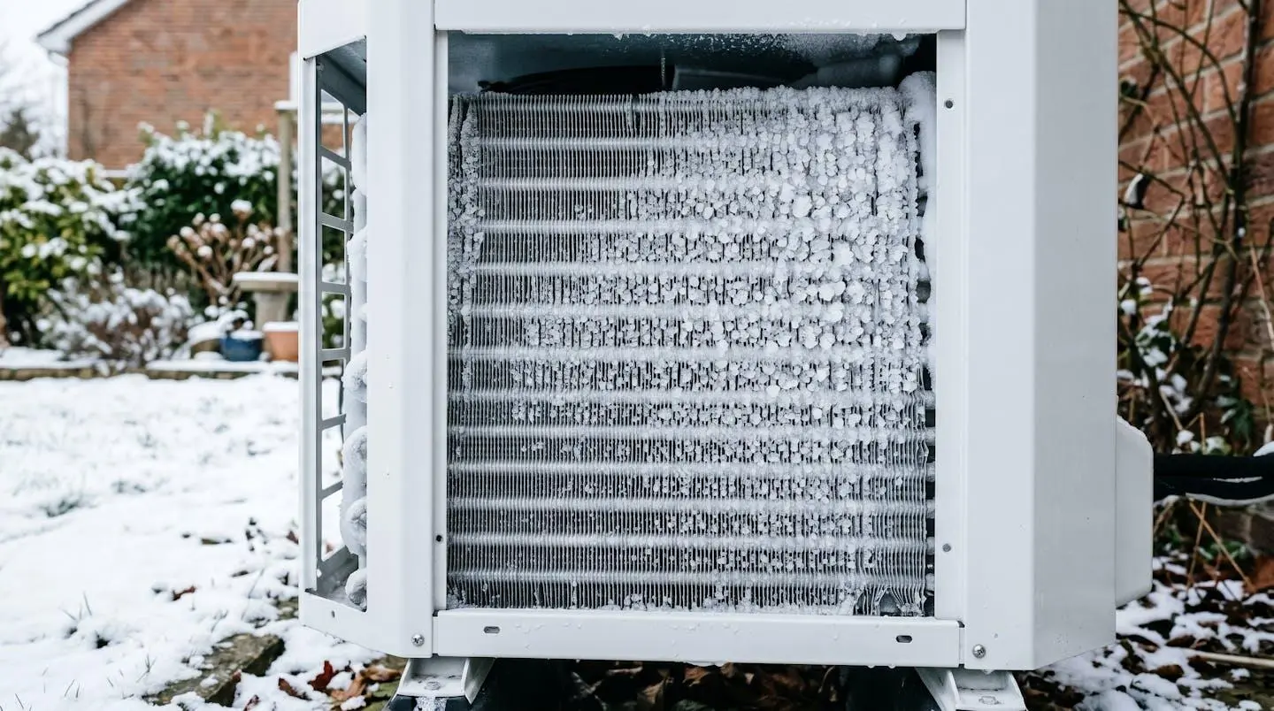 Gros plan sur l'évaporateur d'une unité extérieure de pompe à chaleur couverte de givre et de cristaux de glace, montrant l'impact du gel sur l'équipement
